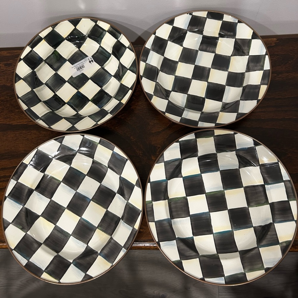 Brand New Mackenzie Childs Courtly Check Enamel Rimmed Soup Bowls Set of 4